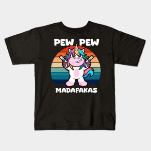 Pew-Pew Unicorn: Blasting Rainbows with Magical Firepower Kids T-Shirt